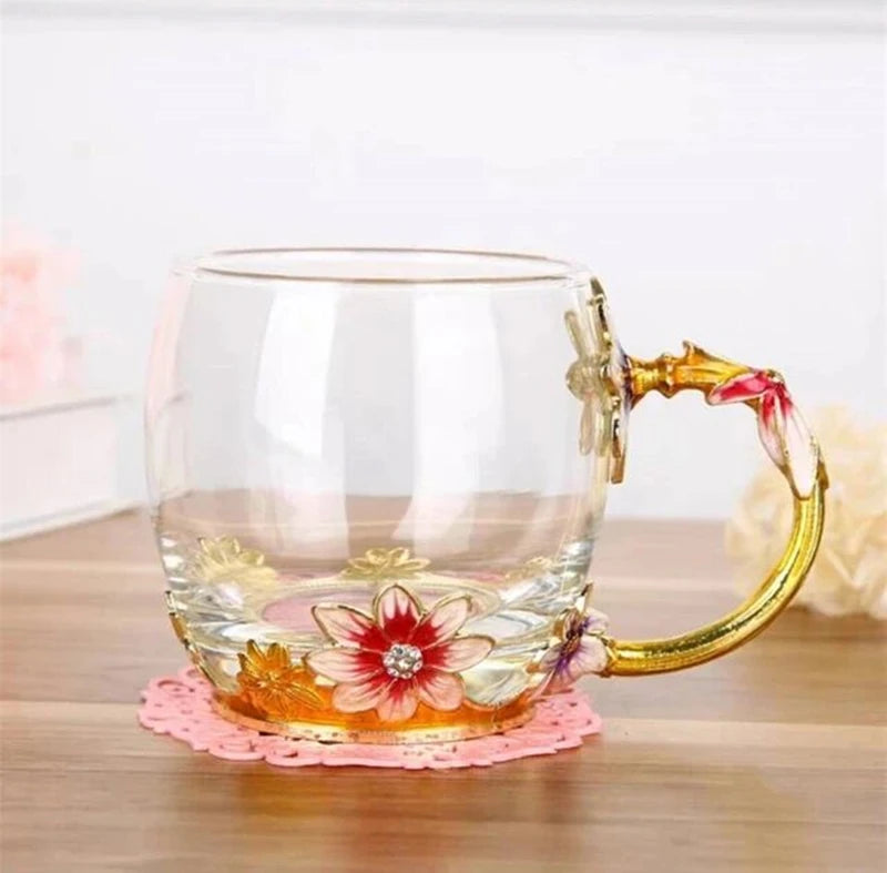 Hand-made Enamel Coffee Mug Crystal Cup Milk Lemon Flower Tea Cup High-grade Glass Drinkware Gift Couple Mug For Lover Wedding