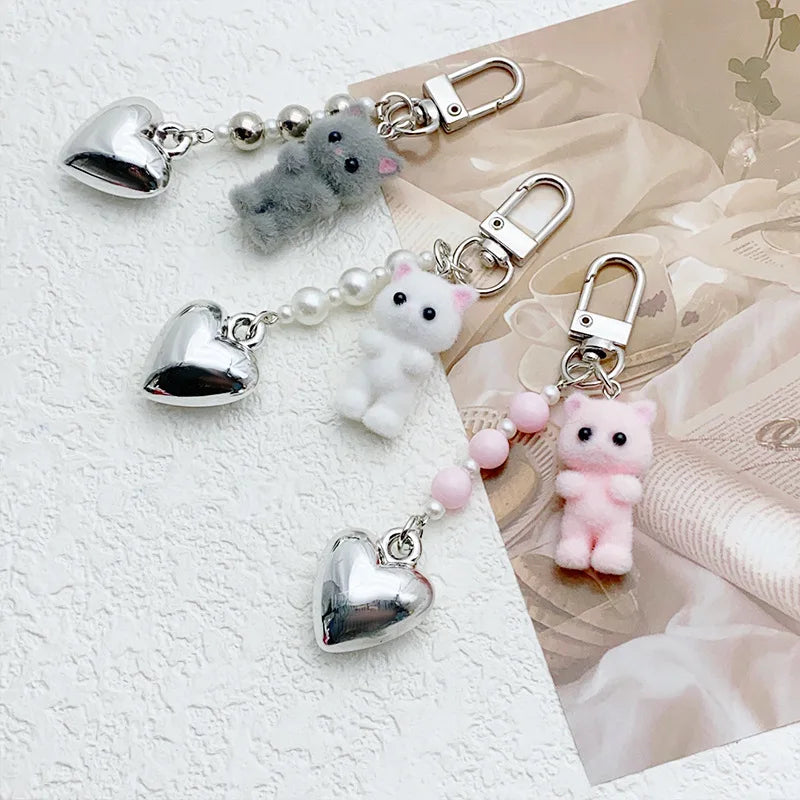 ZAKOL Cute Flocking Cat Keychain 3D Love Phone Pendant Headphone Charm Bag Decor Car Key Ring Jewelry Gift