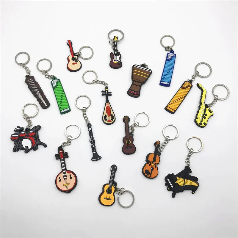 Cute Guitar Violin Piano Saxophone Keychains PVC Soft Rubber Cartoon Musical Instrument Keyring Car Backpack Pendant Accessories
