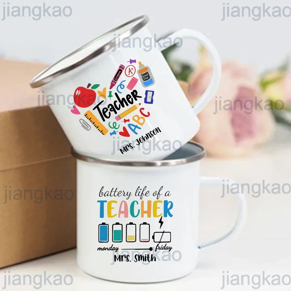 Personlised Mug Creative Coffee Cups Teacher Life Drinks Water Enamel Cup Handle Drinkware Teacher's Day Thanks Gift for Teacher