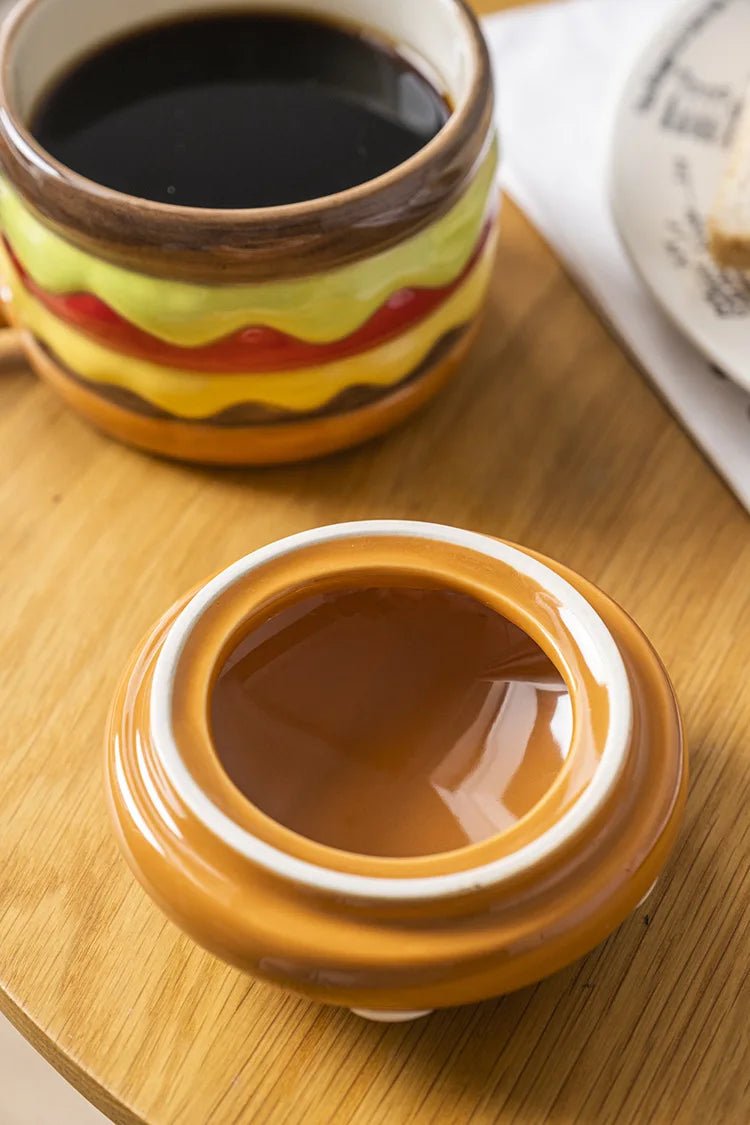 300ML Coffee Mugs Creative Hamburger Shaped Water Cup with Lid Cute and Cute Breakfast Cup Large Capacity Ceramic Hamburger Mug