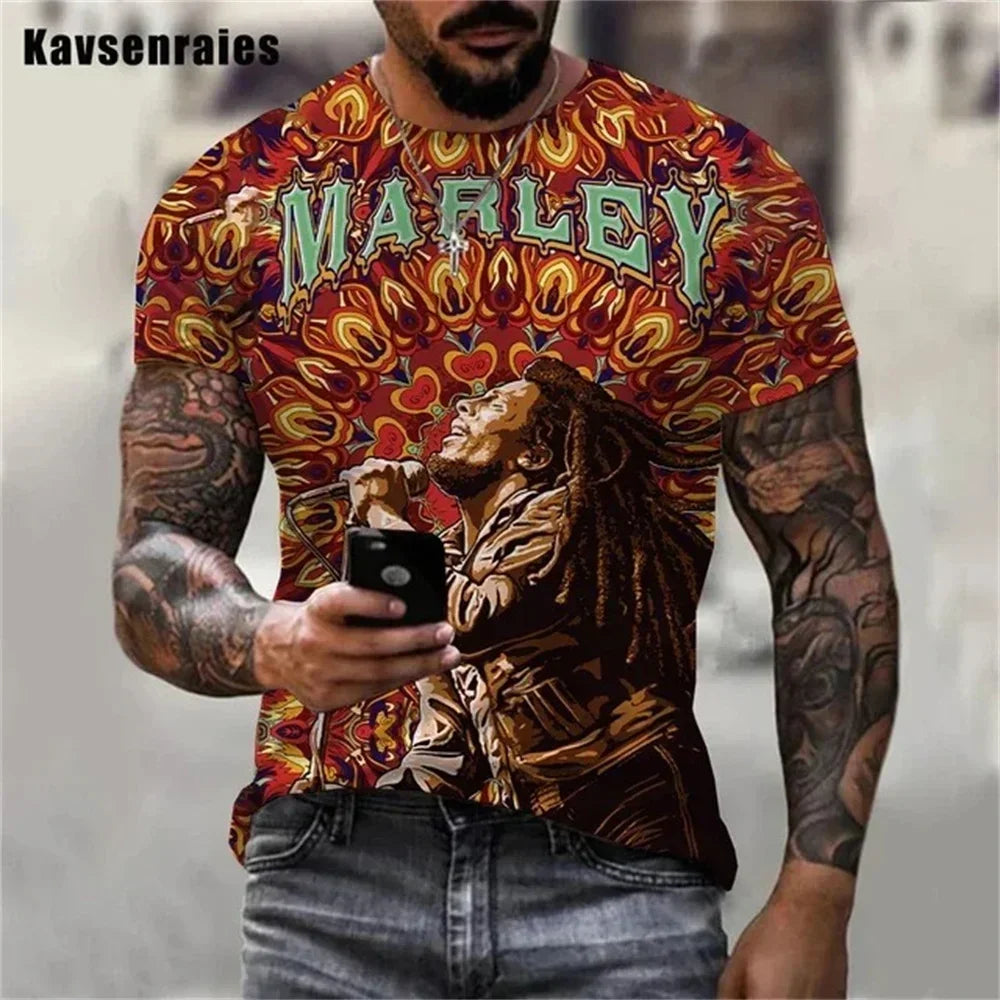 2025 Summer Men's T-shirts Rock Bob Marley 3d Print O-neck Short Sleeve Street Hip-hop Shirt Oversized Tops & Tees Men Clothing