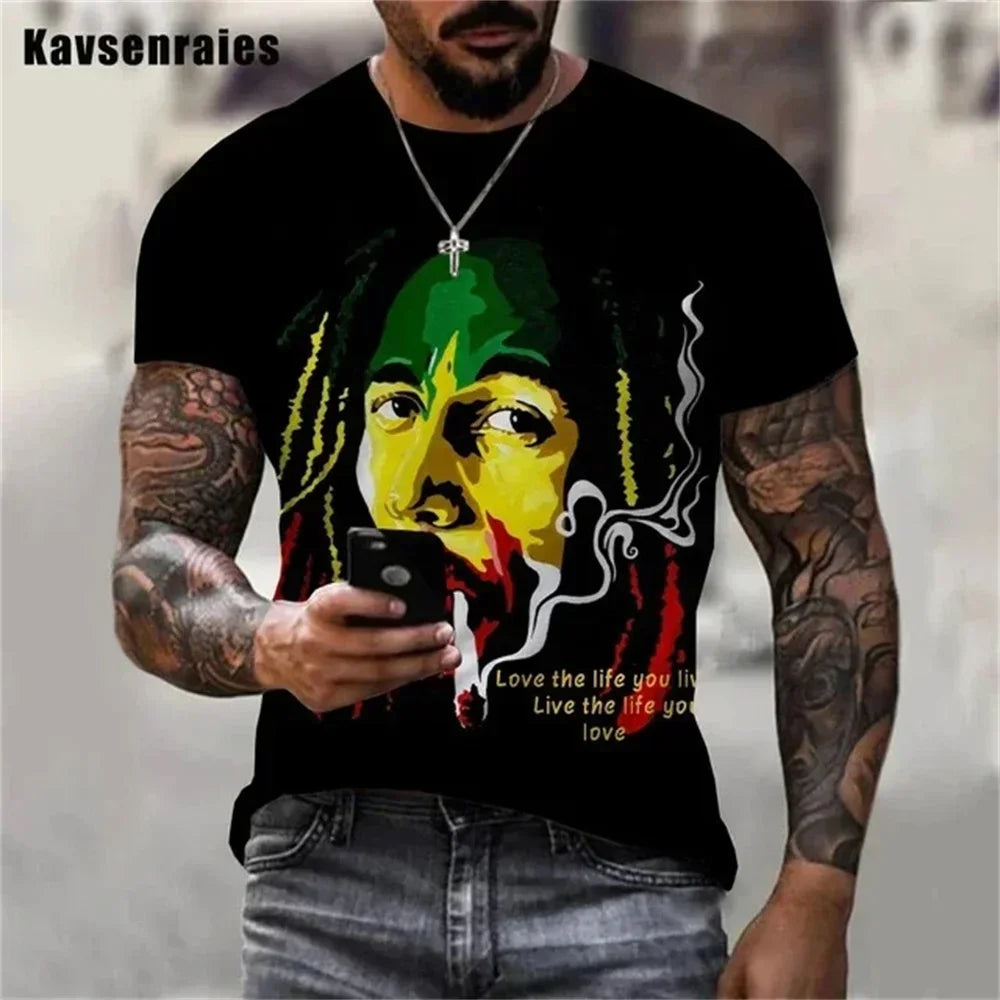 2025 Summer Men's T-shirts Rock Bob Marley 3d Print O-neck Short Sleeve Street Hip-hop Shirt Oversized Tops & Tees Men Clothing