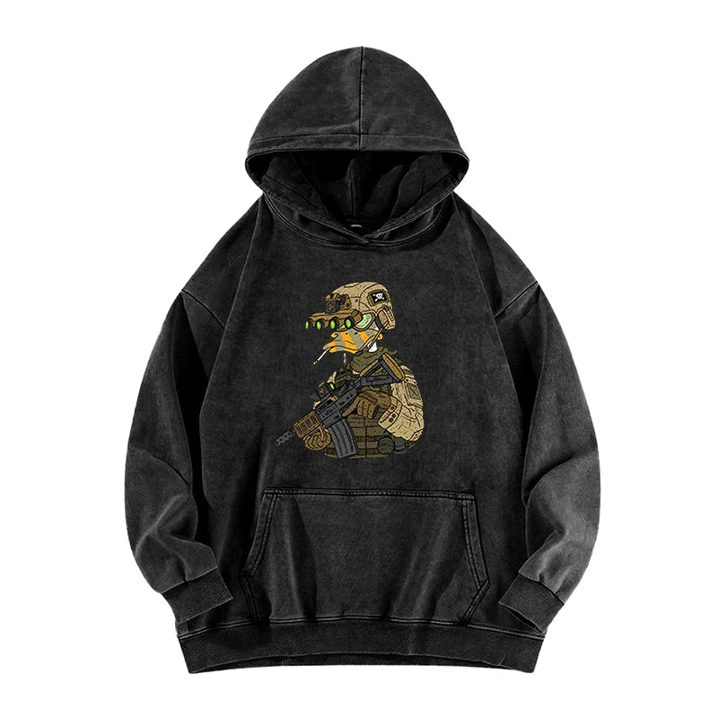 Tactical Duck Soldier Graphic Vintage Washed Hoodie Men'S Streetwear Loose Casual Hooded Sweatshirt Military Style Fashion Top