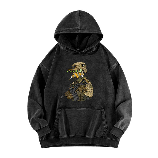 Tactical Duck Soldier Graphic Vintage Washed Hoodie Men'S Streetwear Loose Casual Hooded Sweatshirt Military Style Fashion Top