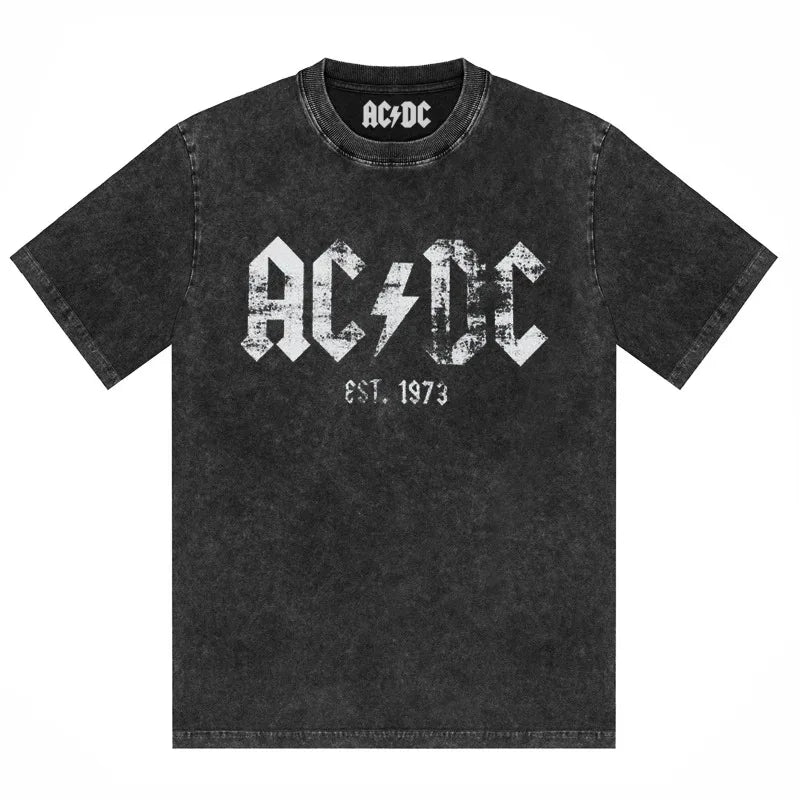 ACDC Band Printed T-Shirt Washed Retro Old Short Sleeve Trendy Couple Comfortable Loose Casual Fashion New Men'S Clothing
