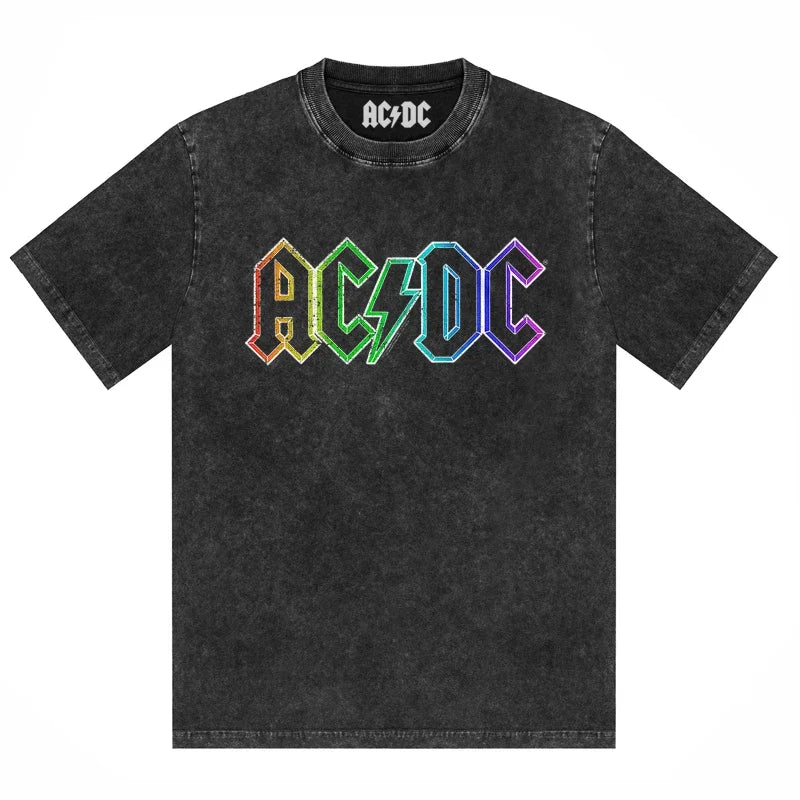 ACDC Band Printed T-Shirt Washed Retro Old Short Sleeve Trendy Couple Comfortable Loose Casual Fashion New Men'S Clothing