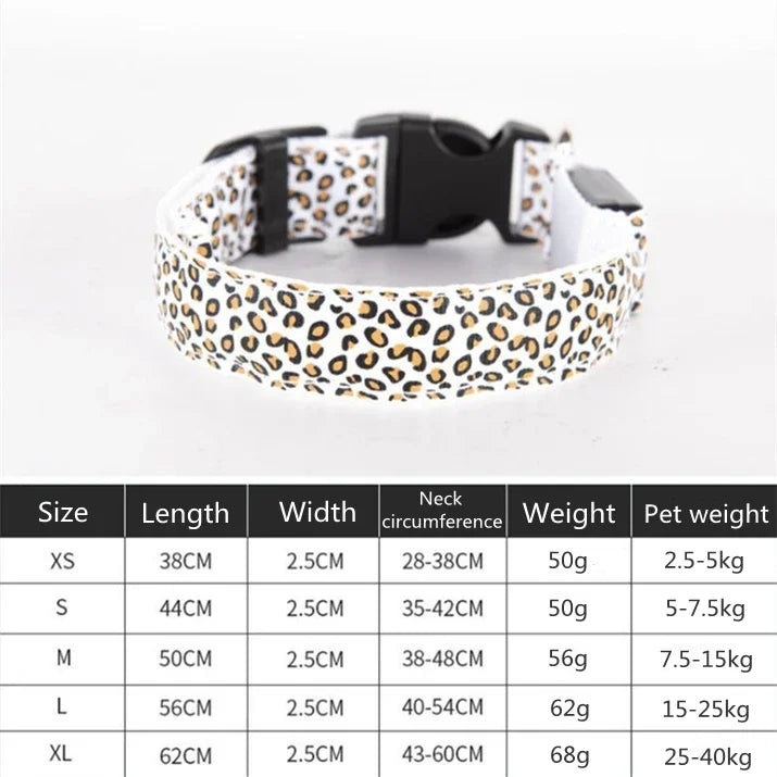 Pet LED Luminous Collar for Dog Adjustable Leopard Glow Cat Collar Night Safety Collar Teddy Golden Retriever for Walking Dogs