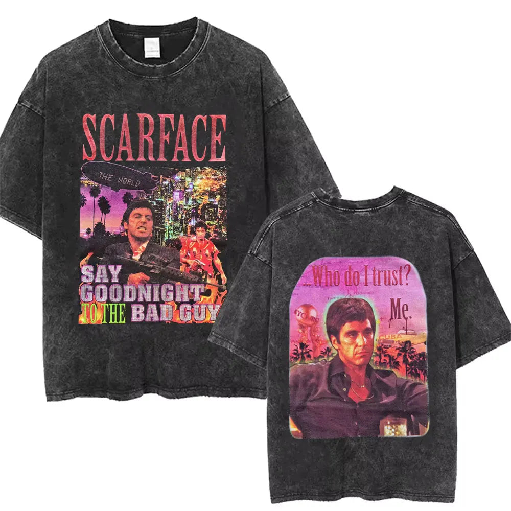 90s Classic Gangsters Movie Scarface Print T-shirts Tony Montana Al Pacino Vintage Washed Cotton Tshirt Men Women Rock T Shirts