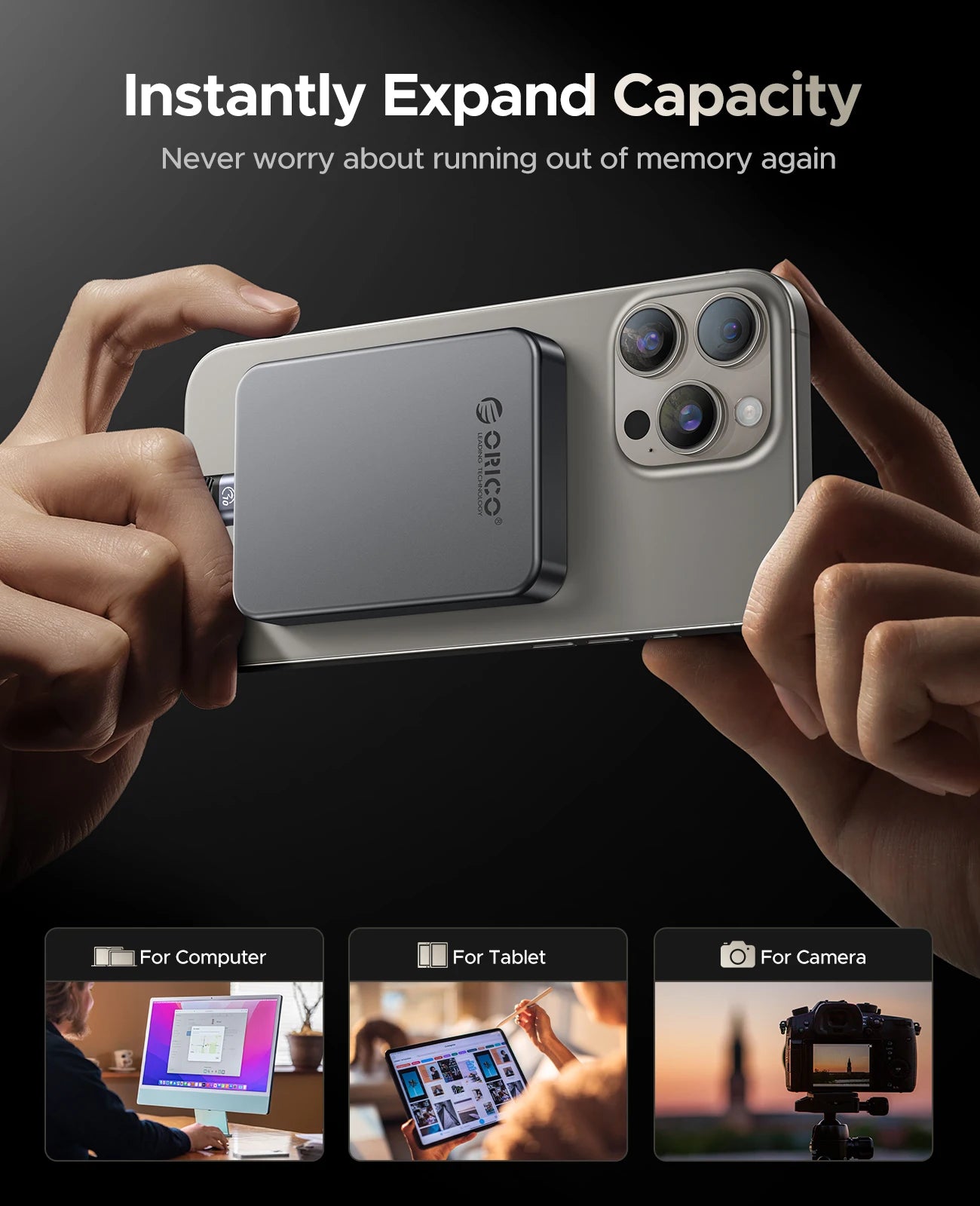 ORICO 1TB Magnetic SSD, PD100W Charging, 4K ProRes HDR, 1000MB/s USB 3.2, Portable External Drive for iPhone 16/15, Laptops