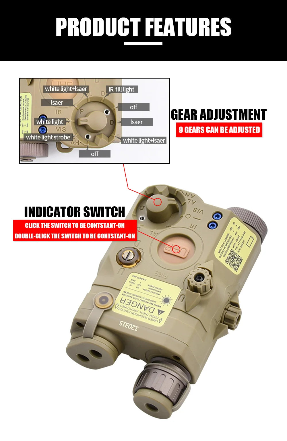 Tactical UHP AN PEQ 15 PEQ-15 LA5C Red Green Blue Dot Laser Indicator IR Fill Light Airsoft SF M600 Sureifr M600C LED Flashlight