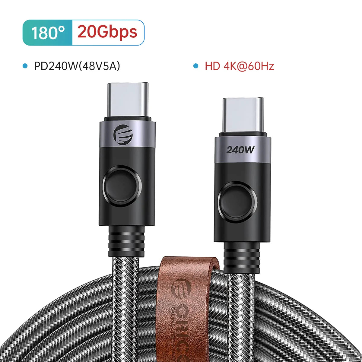 ORICO 5m 20Gbps USB C Cable PD100W Fast Charger Cord USB3.2 Gen 2 HD 4K@60Hz Video Braided with E-mark for Laptop MacBook