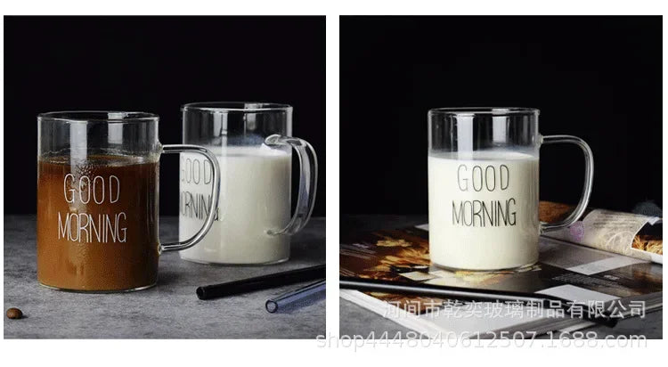 500ml Good Morning Glass Mug Coffee Milk Breakfast Cup Tumbler with Handle Transparent Drinkware Household Gift for Children Set