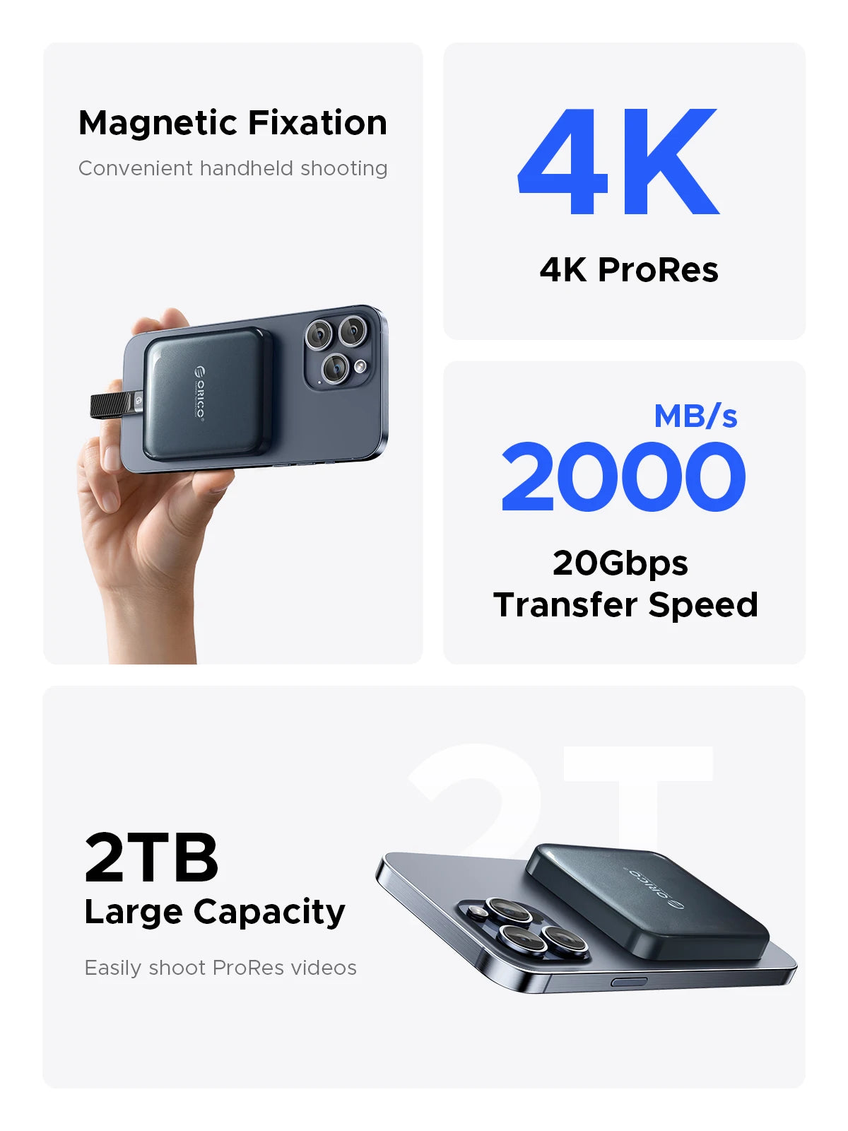 ORICO 1TB Magnetic External SSD, 4K ProRes HDR Record and Store, 2000MB/s Stable Transmission and Storage, Portable Solid State