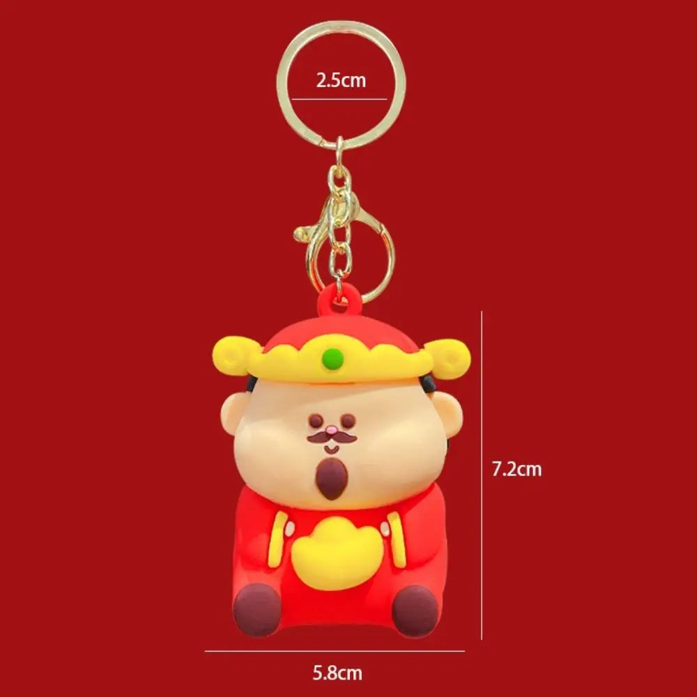 Creative Pinched Toys God of Wealth Keychain Lucky Blessing New Year Key Ring Traditional PVC Cartoon Pendant Kids