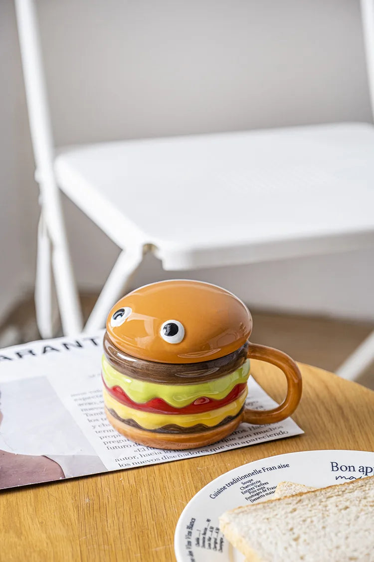 300ML Coffee Mugs Creative Hamburger Shaped Water Cup with Lid Cute and Cute Breakfast Cup Large Capacity Ceramic Hamburger Mug