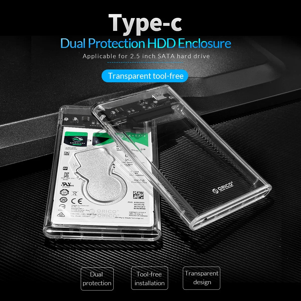 ORICO 2.5'' SATA to USB C Transparent HDD Case Tool Free 6Gbps Support 4TB UASP Protocol For 9.5mm Below Hard Drive Enclosure