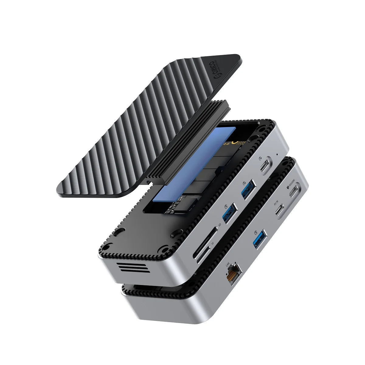 ORICO USB C Display Hub 10Gbps with Cooling Fan M.2 NVMe SATA SSD Enclosure HDMI RJ45 SD/TF Docking Station for Gamers