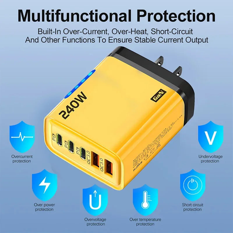 Xiaomi 5 in 1 240W  GaN Fast Charger With LED Light 2USB+3Type-C Multi Port Phone Charging Head For iPhone Huawei Laptop Tablets