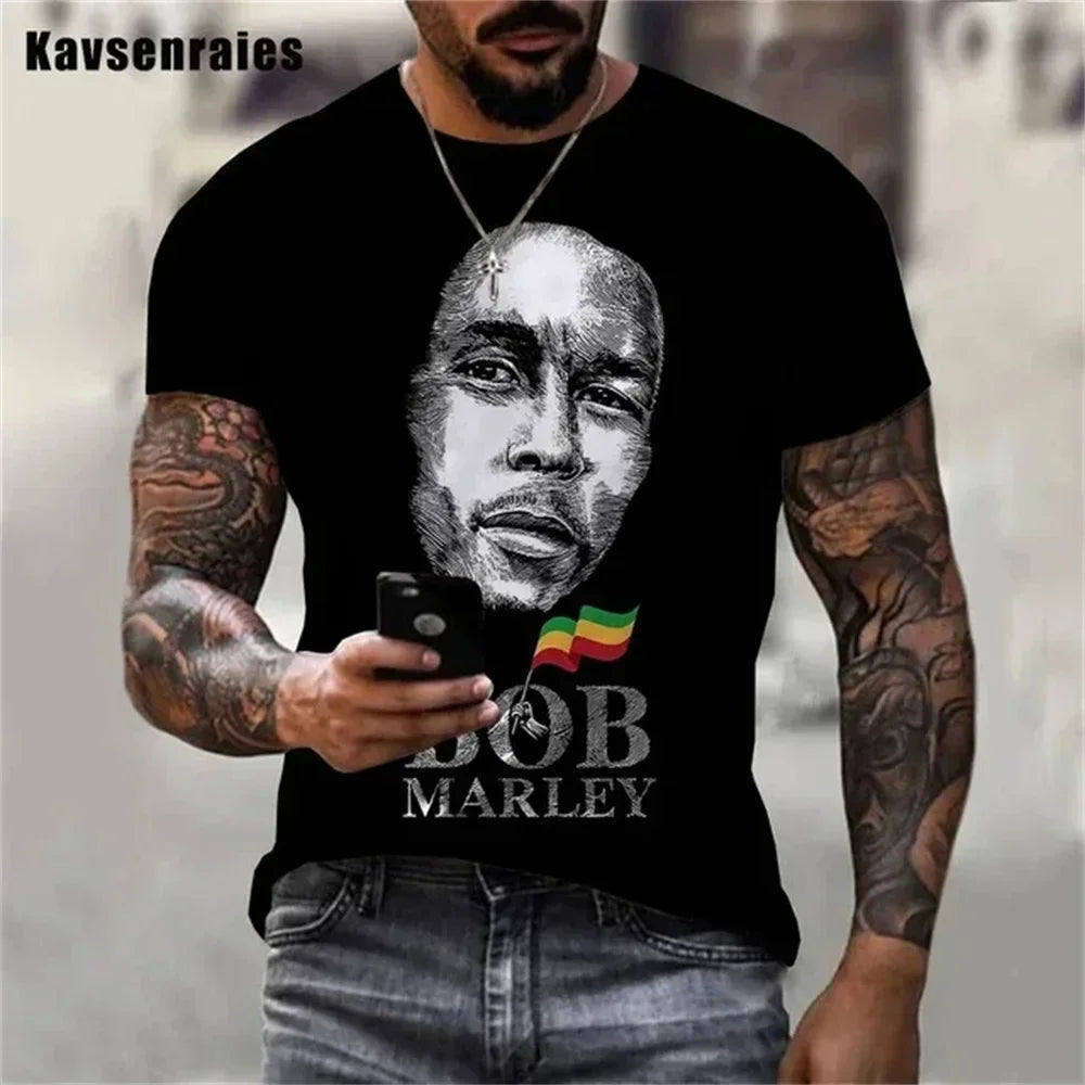 2025 Summer Men's T-shirts Rock Bob Marley 3d Print O-neck Short Sleeve Street Hip-hop Shirt Oversized Tops & Tees Men Clothing