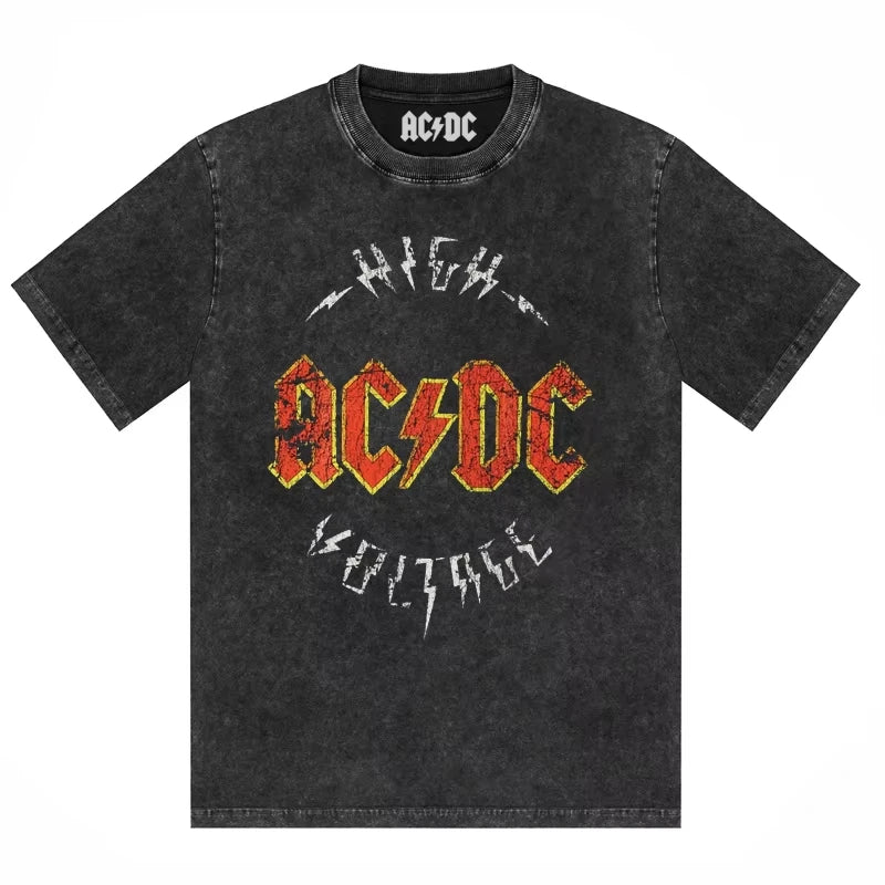 ACDC Band Printed T-shirt Washed Retro Old Short Sleeve Trendy Couple Comfortable Loose Casual Fashion New Men's Clothing
