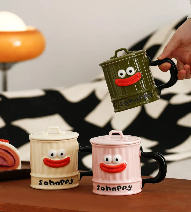 Creative Design, Cute, Funny, Ugly, Cute, Big Mouth Ceramic Mug with Lid, Home Office Drinking Cup, Milk Coffee Cup Ceramic Mug