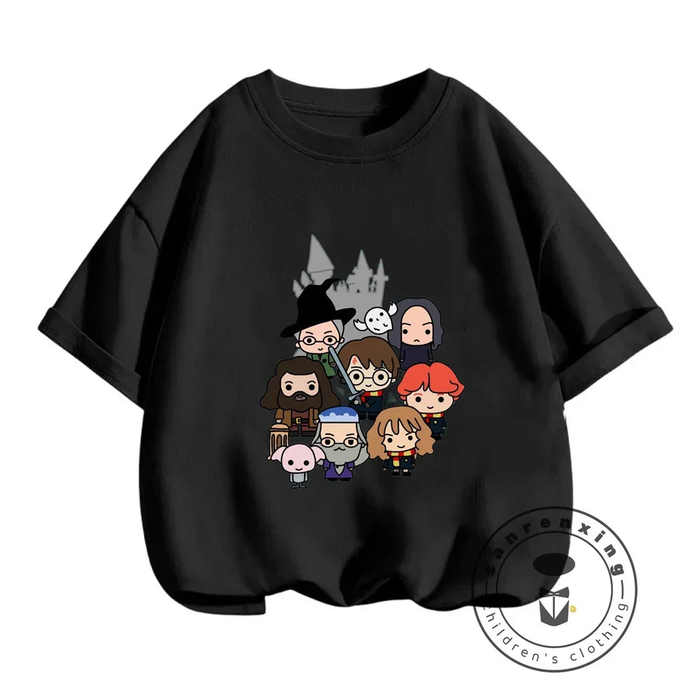 2025 Harries Children T-Shirt Magic Movie Clothes Potters Kawaii Anime Kid Boy Girl Tee Shirts Casual Tops Fashion Short Sleeve