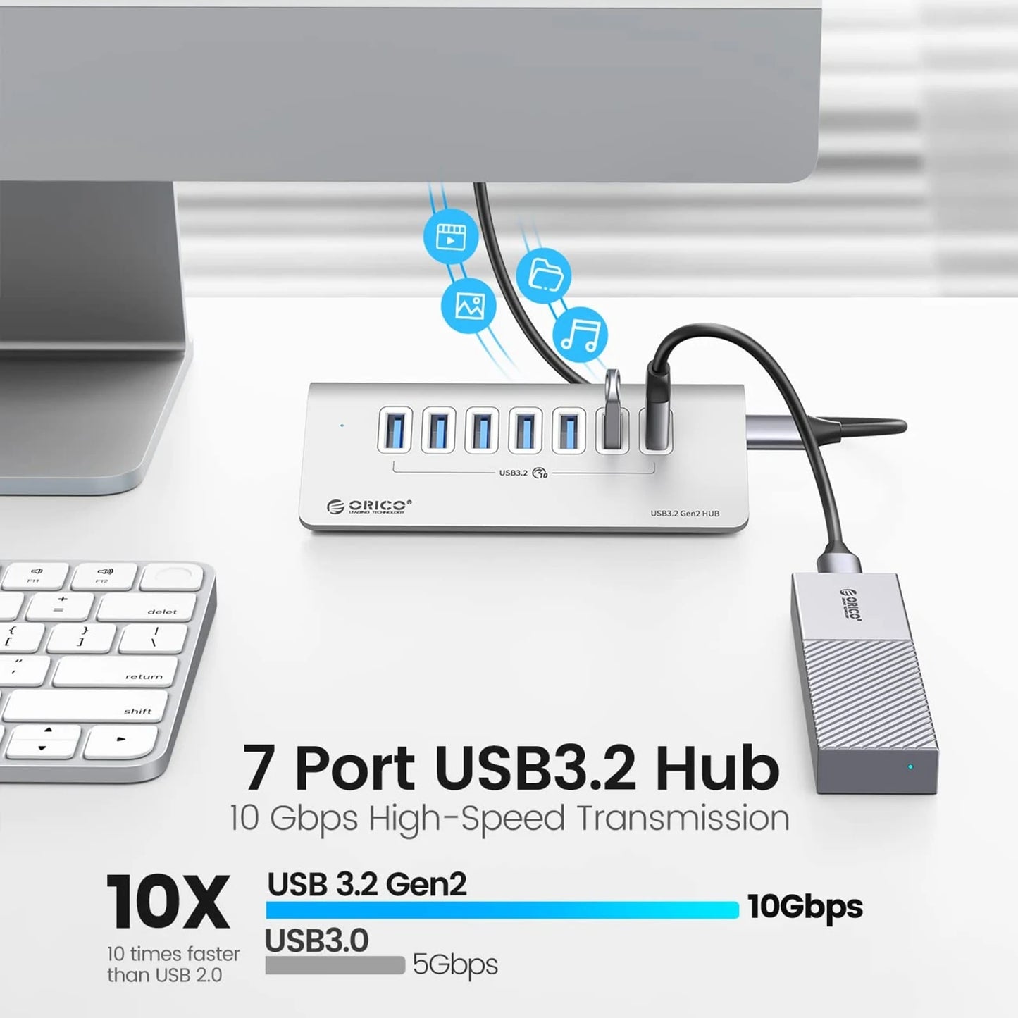 ORICO USB Hub Aluminum Alloy 7-Port USB 3.2 Gen2 10Gbps HUB USB Splitter Multiport Adapter Laptop Expansion Desktop Accessories