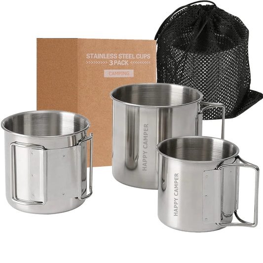 3Pcs Stackable Camping Mug Stainless Steel Portable Cups with Folding Handle Mesh Bag for Touring Trips Outdoor Camping Hiking