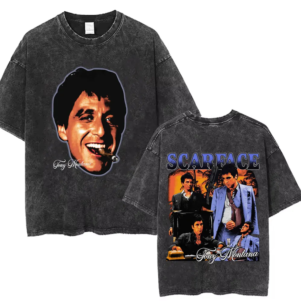 90s Classic Gangsters Movie Scarface Print T-shirts Tony Montana Al Pacino Vintage Washed Cotton Tshirt Men Women Rock T Shirts