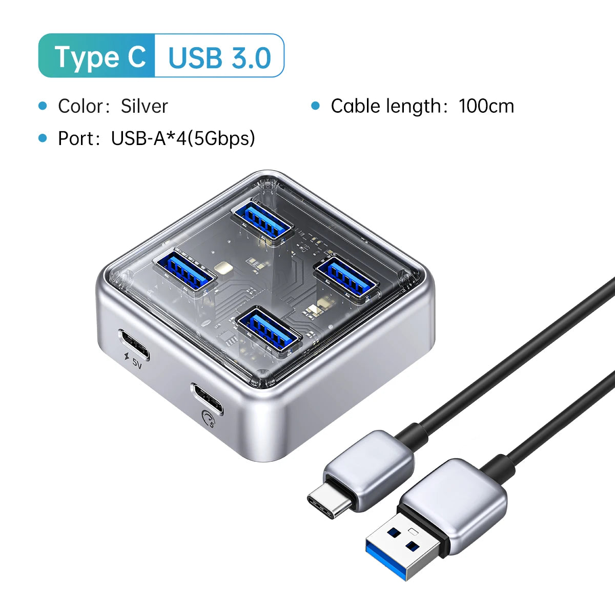 ORICO Transparent Usb C Hub 4 Port Expansion With Power Supply Interface Usb 3.2 Protocol High Speed Transmission OTG Dapter