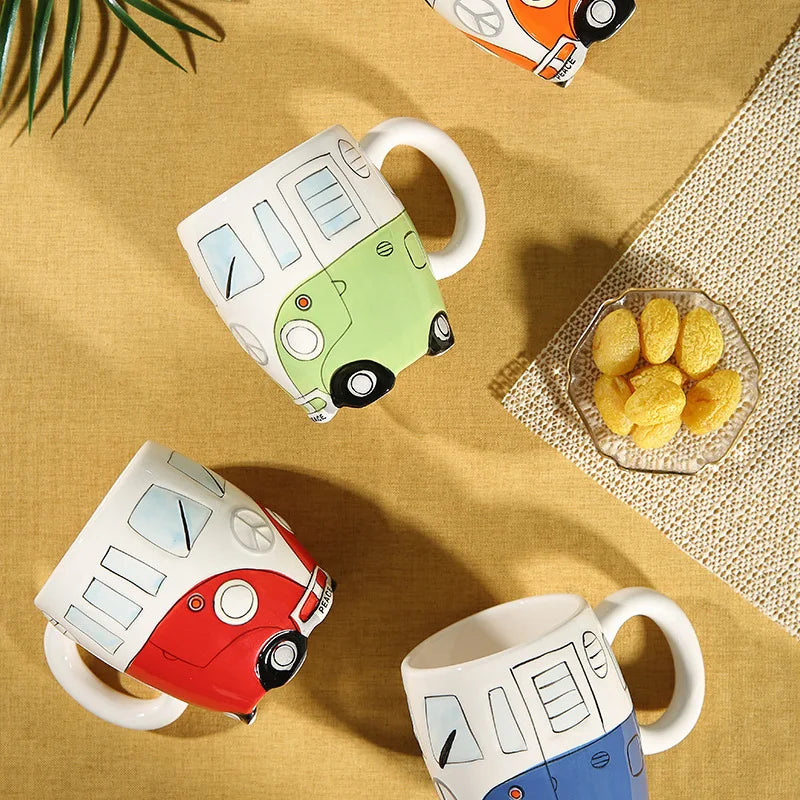 Creative Hand Painting Double Bus Mug Cartoon Ceramic Milk Tea Water Coffee Mugs Home Office School Drinkware Cup Novetly Gifts
