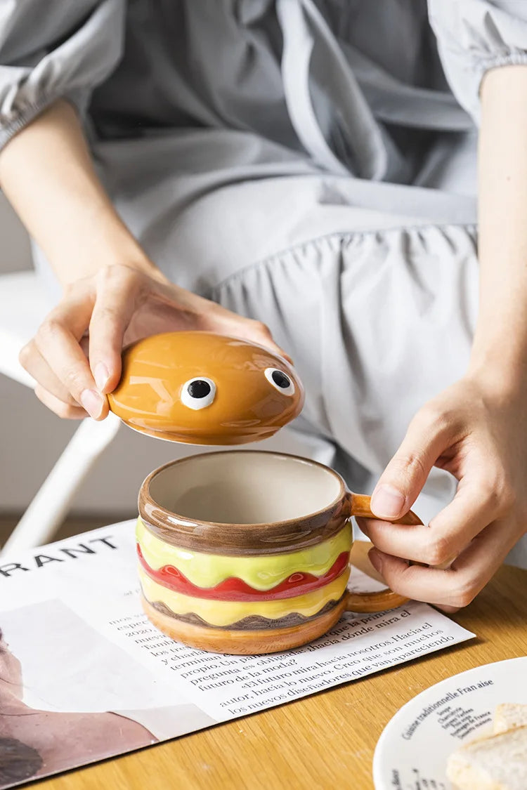 300ML Coffee Mugs Creative Hamburger Shaped Water Cup with Lid Cute and Cute Breakfast Cup Large Capacity Ceramic Hamburger Mug