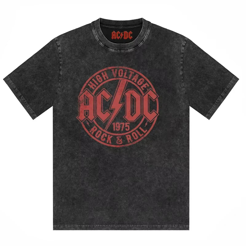 ACDC Band Printed T-shirt Washed Retro Old Short Sleeve Trendy Couple Comfortable Loose Casual Fashion New Men's Clothing