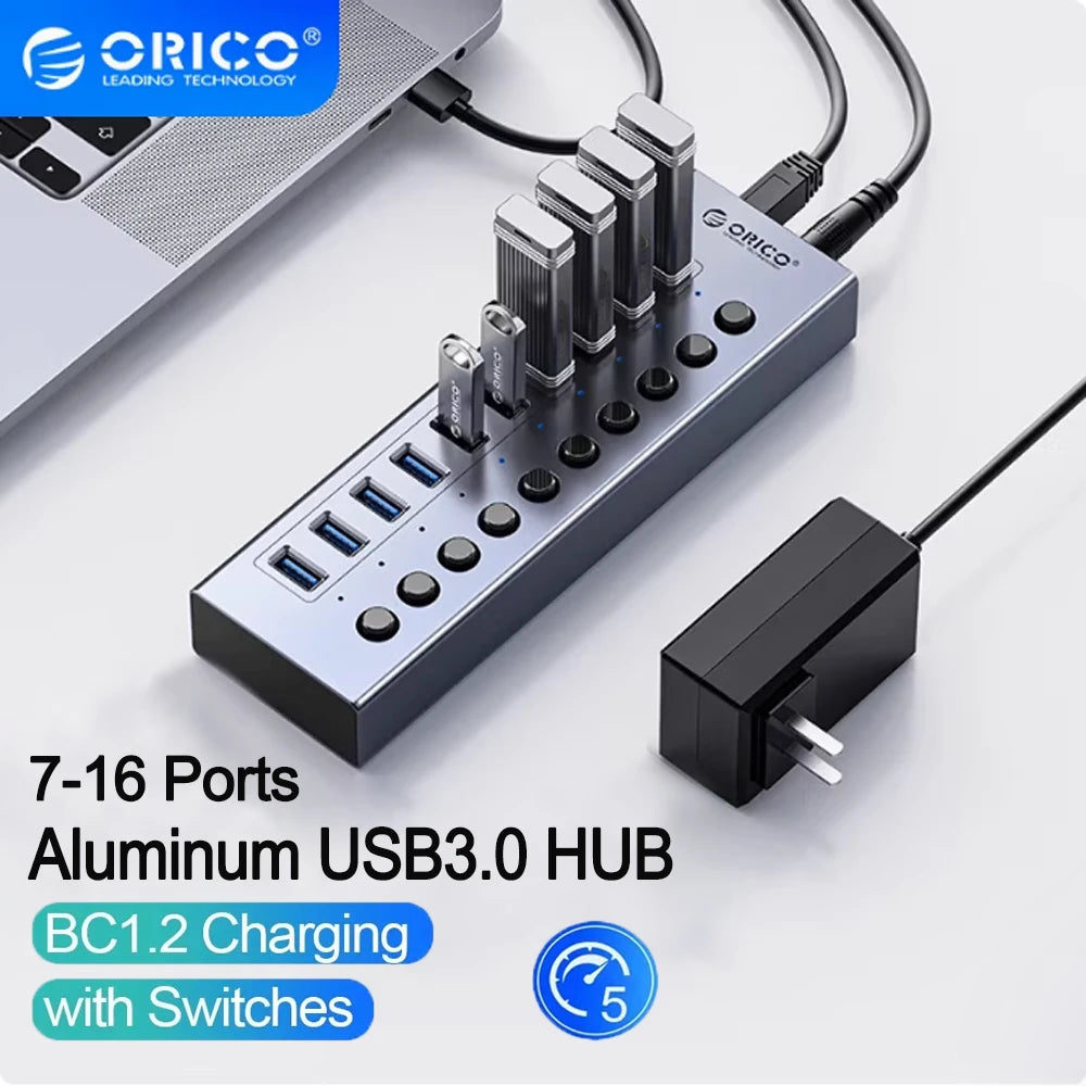 ORICO 7/10/13/16 Port Aluminum Industrial Hub USB 3.0 Splitter Dock Station for Pc Accessories Usb Adapter Orico Official Store