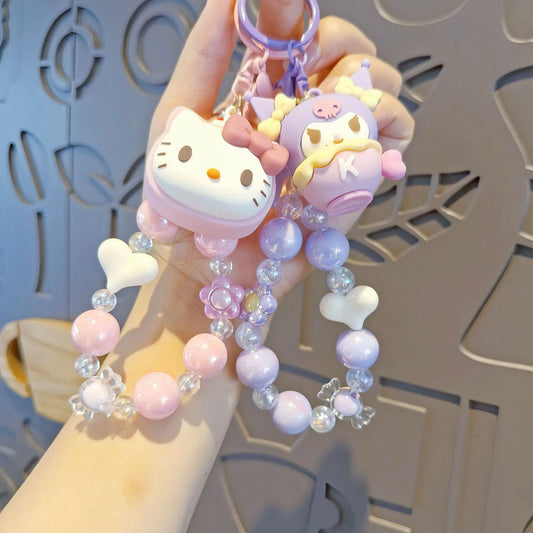 Sanrio Beaded Keychain Hello Kitty Cinnamoroll Kuromi Cute Cartoon Pendant Phone Chain Keychain Bag Pendant Accessories