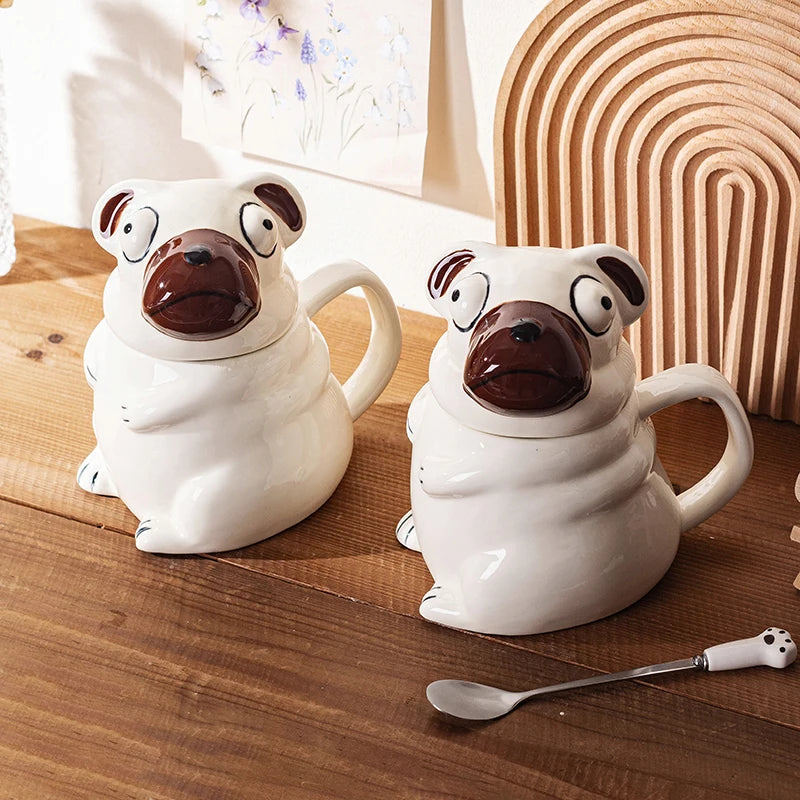 Creative Cartoon Pug Mug Ceramic Large Capacity Cute Water Cup with Lid Spoon Kitchen Drinkware Birthday Gift for Boyfriend