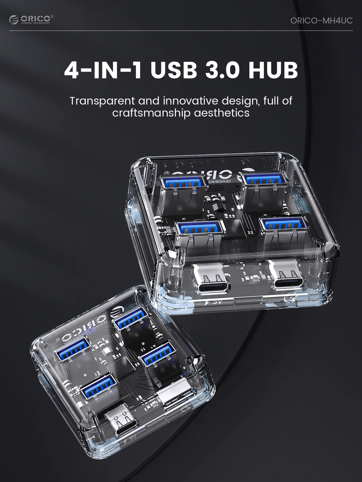 ORICO Transparent Usb C Hub 4 Port Expansion With Power Supply Interface Usb 3.2 Protocol High Speed Transmission OTG Dapter