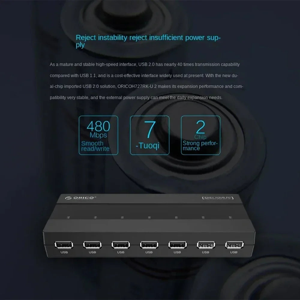ORICO USB HUB 2.0 Splitter 7-port USB2.0 HUB Hub OTG Adaptador with External Power Supply Suitable for Desktop Laptop Computers
