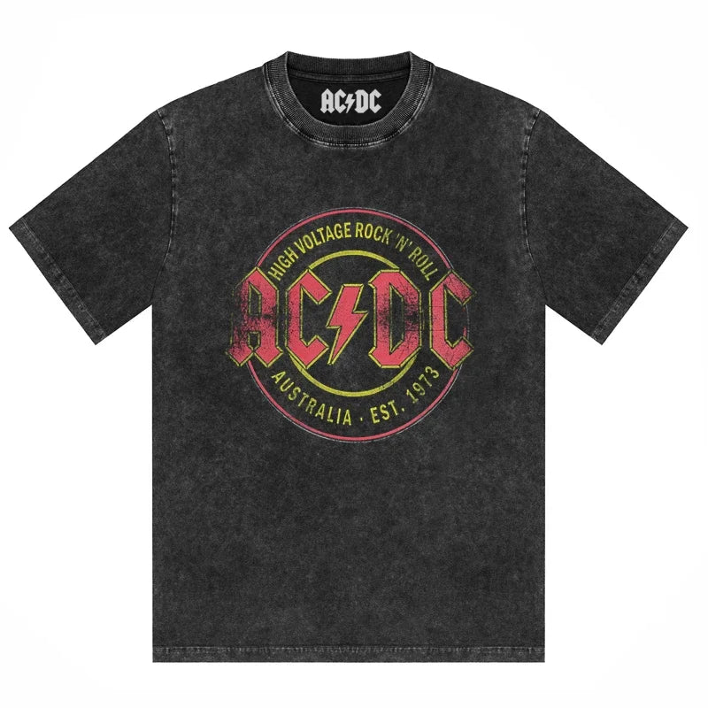 ACDC Band Printed T-Shirt Washed Retro Old Short Sleeve Trendy Couple Comfortable Loose Casual Fashion New Men'S Clothing