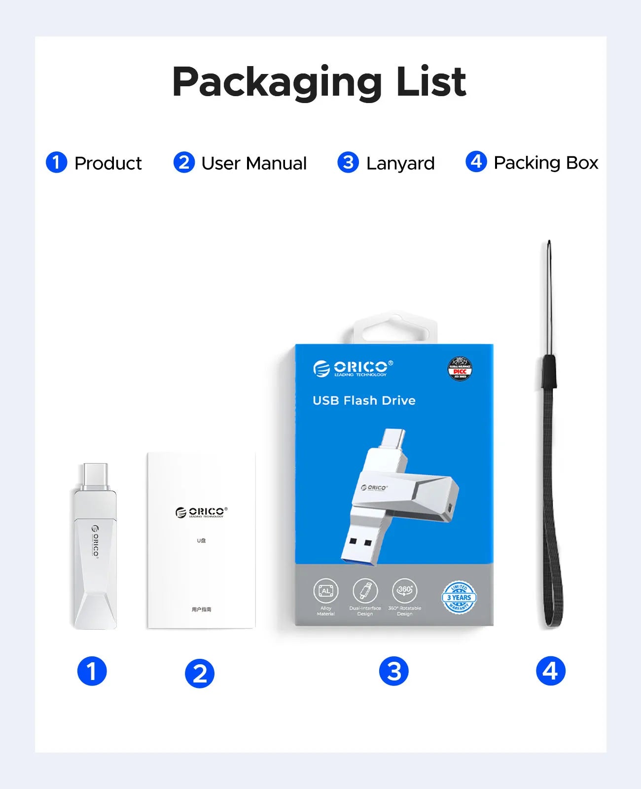 ORICO USB C Flash Drive Dual USB 3.2 Flash Drive Type C + USB A Portable Type-C Flash Drive 2-in-1 USB-C Thumb Drive