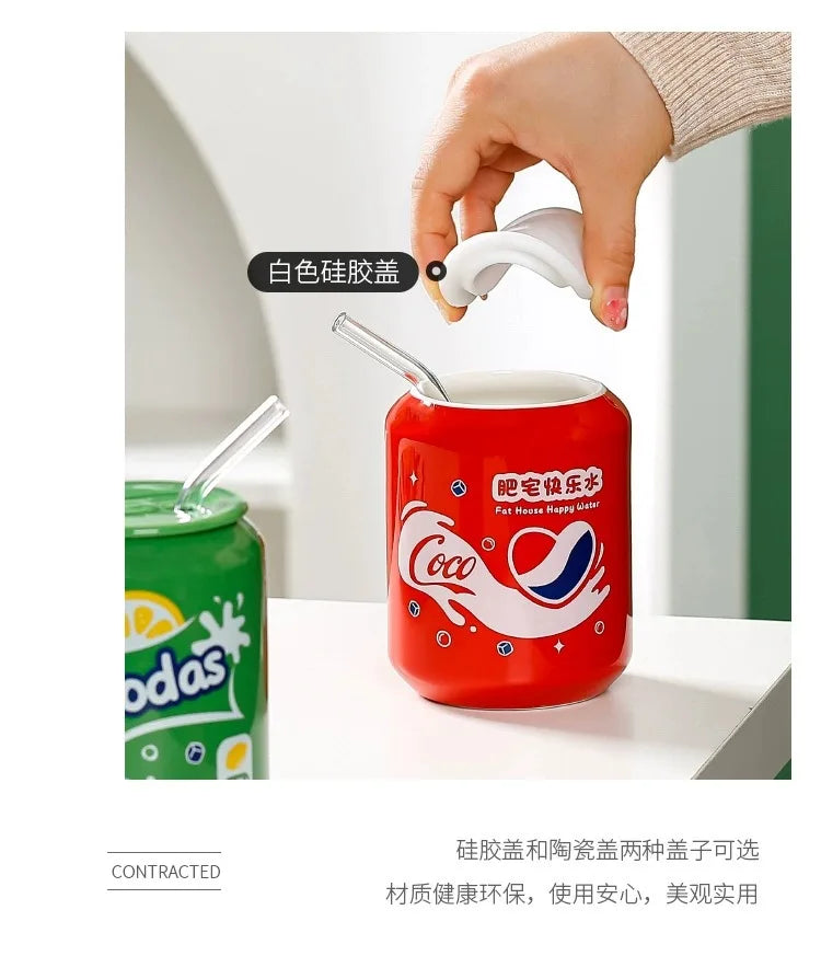 Fresh Creative Fruit Straw Cup Coke Soda Bottle Ceramic Mug with Lid Couple Souvenir Home Drinking Utensil Kitchen Appliance
