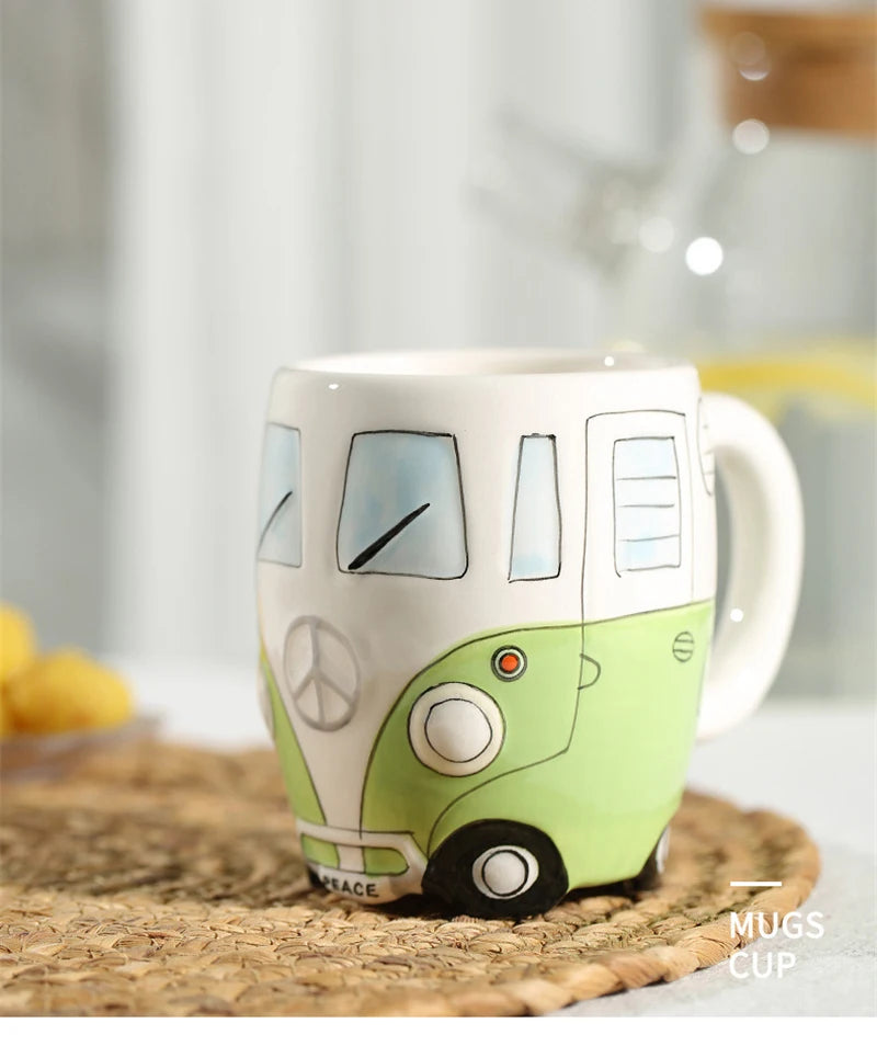 Creative Hand Painting Double Bus Mug Cartoon Ceramic Milk Tea Water Coffee Mugs Home Office School Drinkware Cup Novetly Gifts