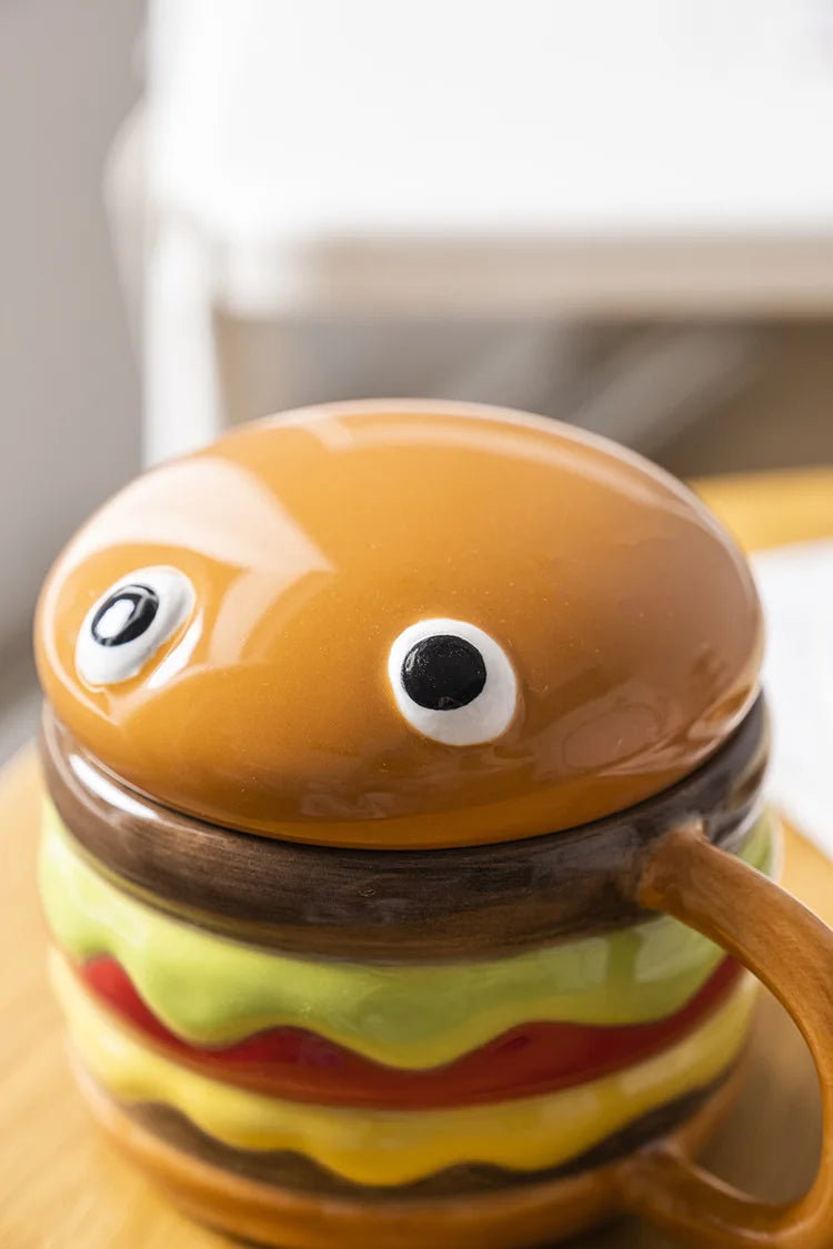 300ML Coffee Mugs Creative Hamburger Shaped Water Cup with Lid Cute and Cute Breakfast Cup Large Capacity Ceramic Hamburger Mug