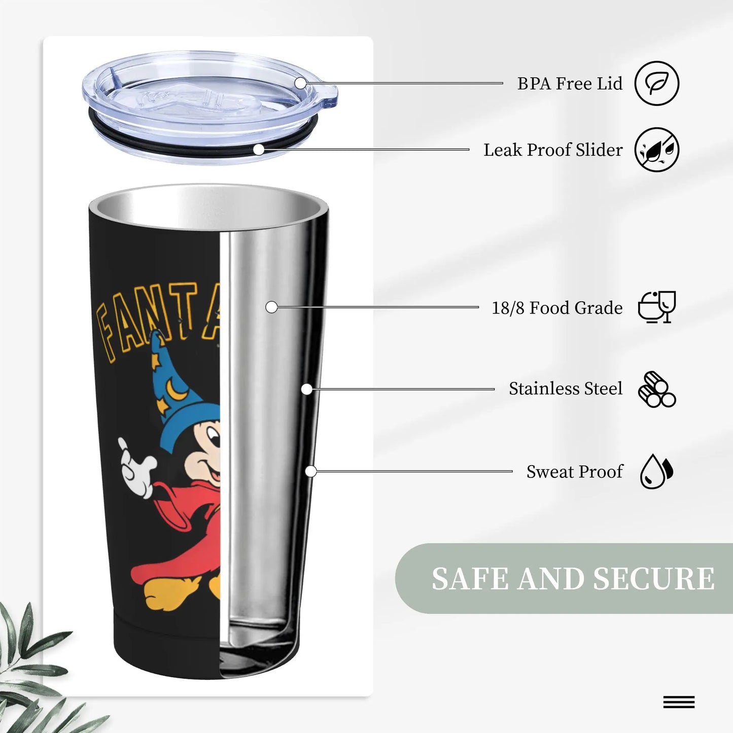 Cartoon Fantasia Mickey Tumbler Vacuum Insulated Magic Wizard Thermal Cup with Lid Straw Office Home Mugs Hot Cold Drink, 20oz
