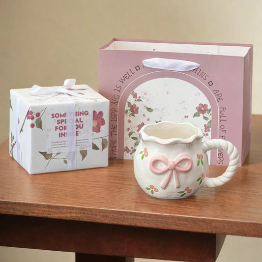 Thickened Cream White Mug Cute Bow Cartoon Ceramic Cup with Handle Milk Cup Coffee Cup Modern Simple Universal Water Cups