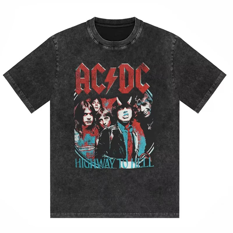 ACDC Band Printed T-shirt Washed Retro Old Short Sleeve Trendy Couple Comfortable Loose Casual Fashion New Men's Clothing