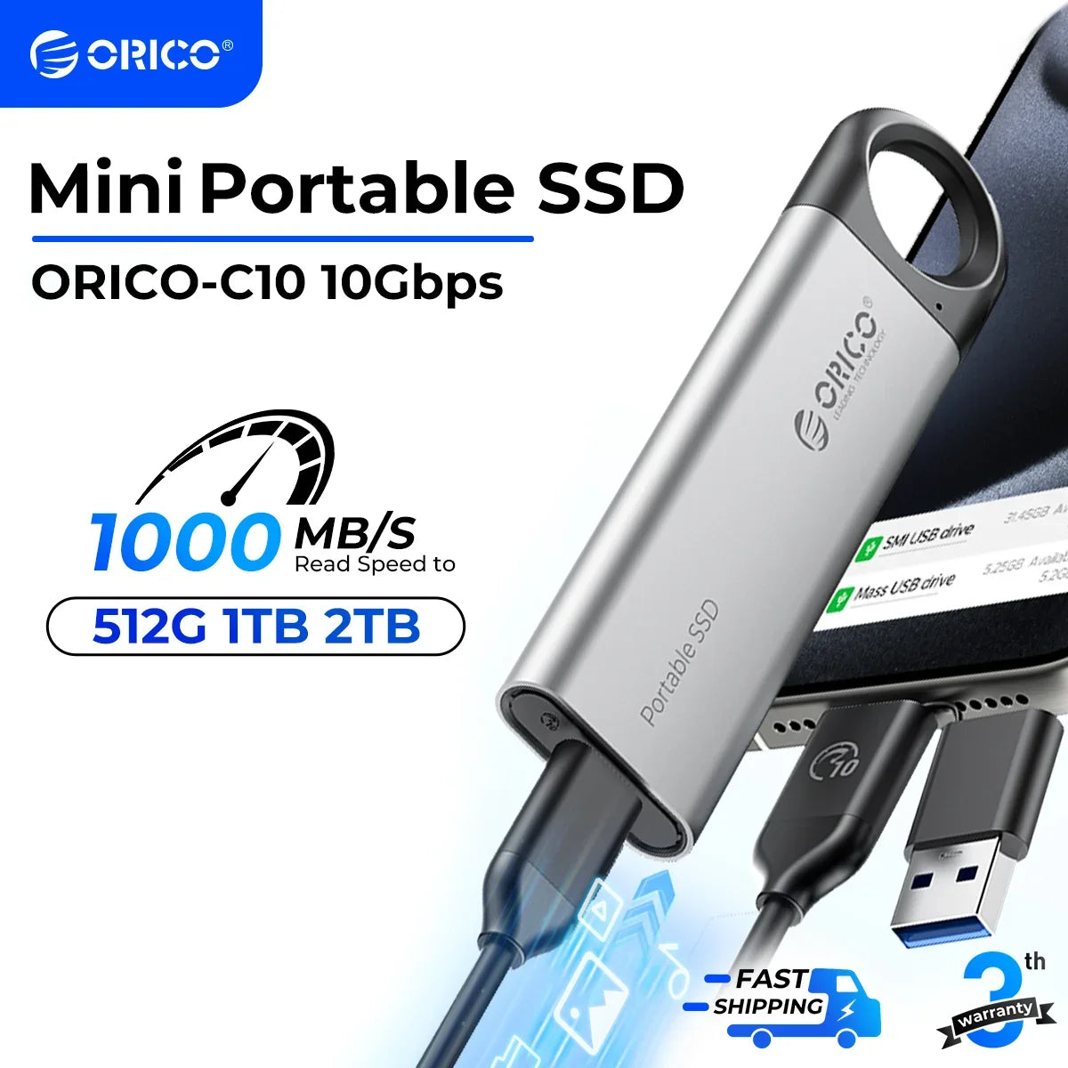 ORICO 1TB External SSD Up to 1050MB/s 550MB/s, Hanging Hole Design Portable Solid State Drive, USB C&A 2 in 1 Cable