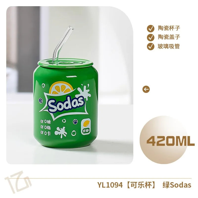 Fresh Creative Fruit Straw Cup Coke Soda Bottle Ceramic Mug with Lid Couple Souvenir Home Drinking Utensil Kitchen Appliance