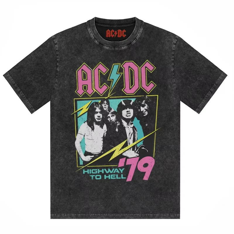 ACDC Band Printed T-shirt Washed Retro Old Short Sleeve Trendy Couple Comfortable Loose Casual Fashion New Men's Clothing